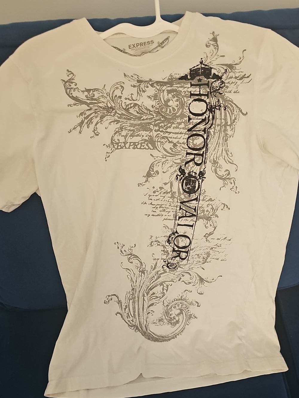 Express White Short Sleeve Graphic Crew Neck Tee with Vertical Script
